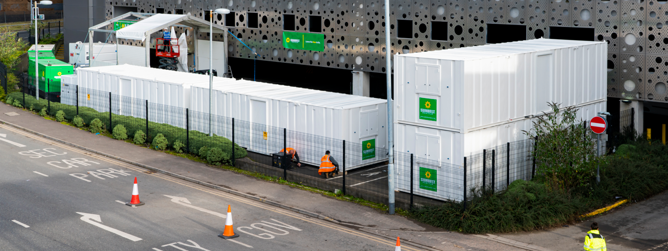 a collection of Sunbelt Rentals branded cabins on site